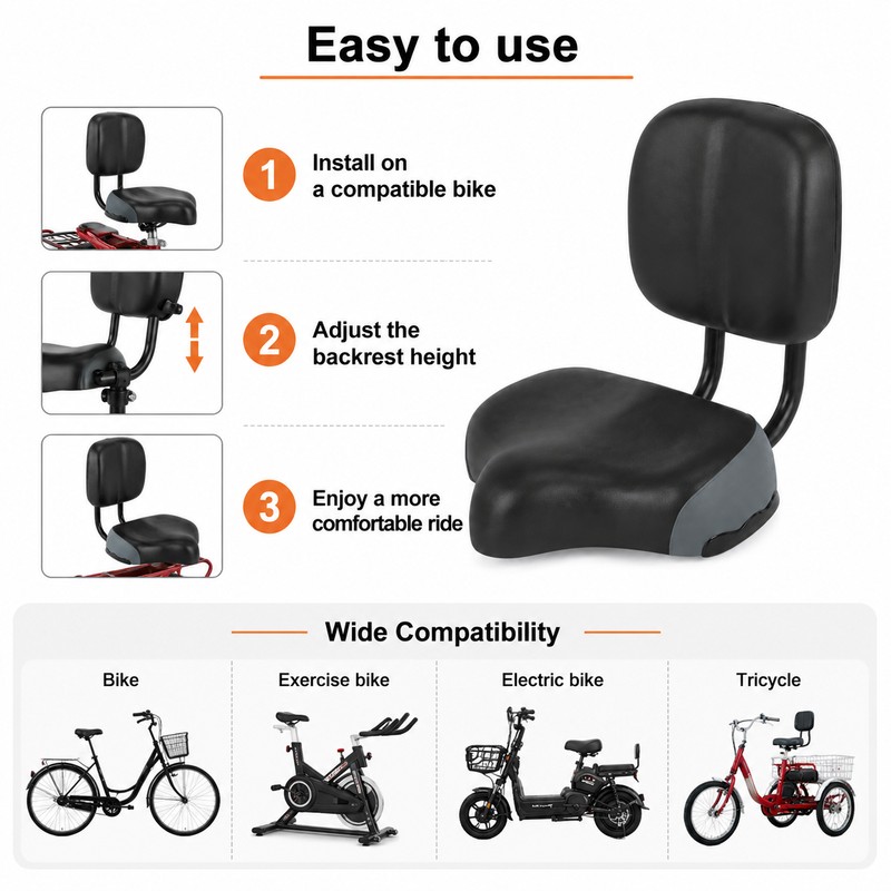 Wide Bike Seat with Adjustable Backrest for Comfortable Riding –