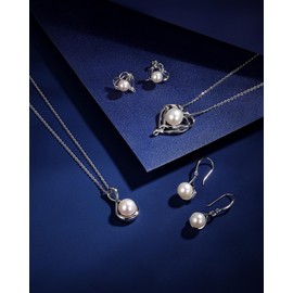 FANCIME June Birthstone Pearl Necklace 925 Sterling Silver Double Heart Necklace with Genuine Quality 9-10mm Freshwater Cultured Pearls Bridal Wedding Pearl Jewelry for Women