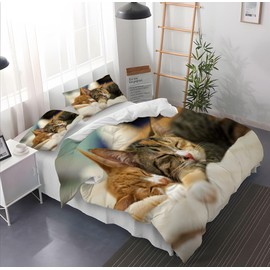 Gegeryozer Cute Cat Bed Linen Set 135 x 200 cm, 3D Cat Motif Children's Duvet Cover Set, 1 Microfibre Children's Duvet Cover and 2 Pillowcases 50 x 70 cm (Cats 4)