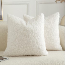 Joyouth Pack of 2 Curly Teddy Wool Faux Fur Throw Pillow Covers Fuzzy Accent Soft Sherpa Pillowcases Sheepskin Fleece Decorative Cushion Case for Sofa Couch Living Room 18x18 Inch Neutral White