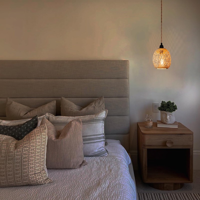 Hanging Lampshade with Plug, Outdoor Lamp, Hanging Boho Rattan Ceiling