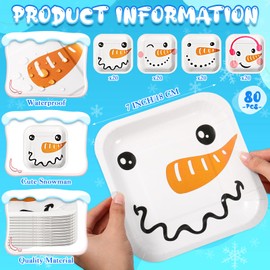 Mimorou 80 Pcs 7 Inch Snowman Dessert Paper Plates Cute Christmas Disposable Plates Square Snowman Plates Winter Party Plates for Xmas Holiday Party Supplies Decorations