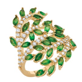 Palm Beach Jewelry 14K Yellow Gold-Plated Marquise Cut Simulated Emerald and Cubic Zirconia Bypass Leaf Ring Size 9