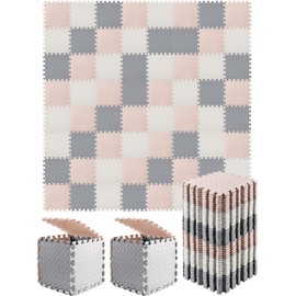 Shihanee Foam Floor Baby Tiles Foam Floor Mats Play Mats Bulk with Borders Interlocking for Kids Baby Playroom Nursery Gym (White, Beige, Gray,64ft)