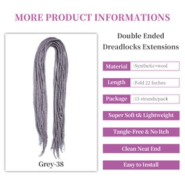 Shinon Dreadlocks Extension 22 Inch Double Ended Dreadlocks Extensions Dreads for Braiding 15 Strands Grey 38 Handmade Wool Hip-Hop Reggae Braid In Dreads Dreadlock Extensions for Women