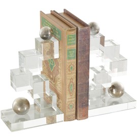 Deco 79 Glass Decorative Bookends Stacked Squares Non Skid Bookends with Silver Orbs, Set of 2 Office Bookends5 W, 8" H, Clear