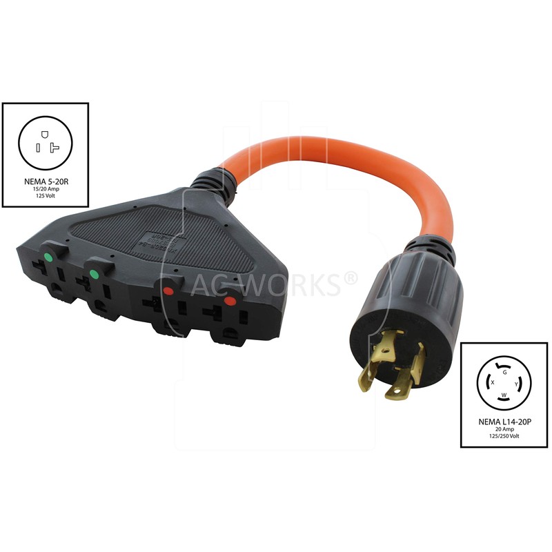 AC WORKS L14-20P 20Amp 4-Prong Generator Locking Plug to (4)