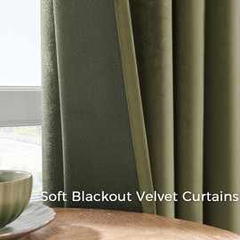 Topfinel 72 Inch Green Velvet Curtains for Living Room,Rod Pocket Back Tab Thermal Insulated Blackout Drapes for Bedroom/Sliding Glass Door,2 Panels,W52 x L72,Olive Green