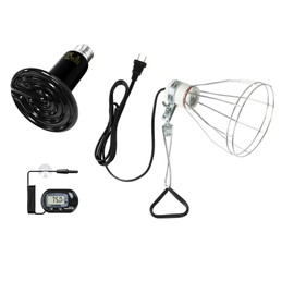 Simple Deluxe Clamp Lamp Light with Steel Cage Wire Grillup, 150W Reptile Ceramic Heat Bulb with Digital-Thermometer Combo for Incubating Chicken & Amphibian Pet,Silver