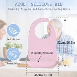 GVRGO Silicone Adult Bibs for Eating, Portable Waterproof Reusable Washable Bibs with Food Catcher, Feeding Bib for Women - Pink Keel