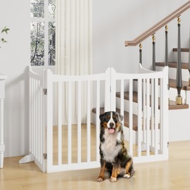 Yaheetech 36" H Extra Tall Freestanding Pet Gate 4-Panel Wooden Dog Fence with 2 Support Feet Folding Dog Gate for Indoor, Stairs, Doorways, Halls, Kitchen Wooden Pet Barrier White, 79.5" L x 36" H