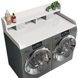 Corbyles 2-Tier Washer Dryer Countertop with 2.75" H Edge Rails, 54" W x 27.55" D Laundry Countertop for Folding Clothes, Washer and Dryer Topper with Non-Slip Pad (White)