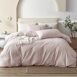 JIYUAN JIYUAN 100% Washed Cotton Duvet Cover Set Comfy Simple Style Soft Breathable Textured Durable Linen Feel Bedding for All Seasons Queen, Greyish Pink