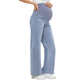 POSHGLAM Women's Maternity Jeans Wide Leg Side Seam 4 Pockets Stretchy Comfy Pregnancy Denim Pants(Light Blue, Medium)