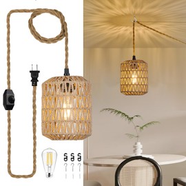 ALAISLYC Plug in Pendant Light with 6W LED Bulb Warm Light(3000K) Dimmable Switch Cute Rattan Hanging Lamp Cord 15ft Hand Woven Plug in Chandelier Boho Hanging Lights Fixture for Bedroom Kitchen