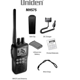 Uniden MHS75 Waterproof Handheld 2-Way VHF Marine radio, Submersible, Selectable 1/2.5/5 Watt Transmit Power. All USA/International and Canadian Marine Channels - Color Black