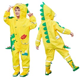 JinBei Kinder Matschanzug Jungen Regenanzug Regenjacke 3D Dinosaurier Regenmantel mit Kapuze Tasche Gelb Regenkleidung Overall Wasserdicht Atmungsaktiv Leicht Matschanzug 6-8 Jahre