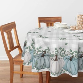 Horaldaily Fall Tablecloth 150x150 Centimetre Round, Thanksgiving Autumn Harvest Blue Pumpkin Buffalo Plaid Table Cover for Party Picnic Dinner Decor