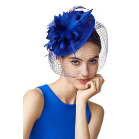 BABEYOND Fascinator Hat Veil Feather Fascinator Tea Party Kentucky Pillbox Derby Hat Bridal Wedding Party Royal Blue