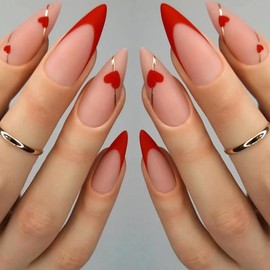 Valentine's Day Press on Nails Medium Almond Fake Nails with Red Heart & Golden Lines Designs Red French Tip Nails Press ons Matte Glue on Nails Full Cover Stick on Nails for Women 24Pcs