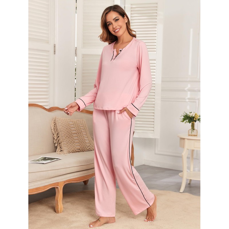 Famulily Ladies Pjs Soft Long Sleeve Contrast Piping Button Down