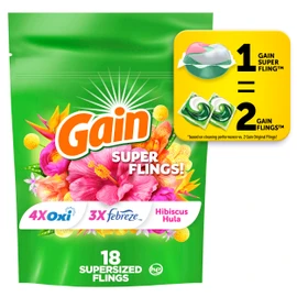 Gain Super Flings Laundry Detergent Pacs, 18 Count, Hibiscus Hula scent, irresistibly clean and fresh washing detergent laundry soap pacs