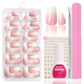 False Nails Tips Set - 120 Pieces French False Nails for Sticking - White Pink Gradient Design Artificial Nails Nail Art Manicure Fake Nails for Women and DIY (Baby Pink Short Almond)