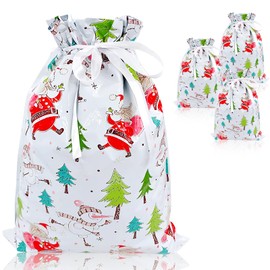QRTDXP 39 * 51cm Large Size Xmas Gift Wrapping Bag, 4pcs Colourful Christmas Goody Drawstring Bag with Snowman and Santa Claus for Christmas Party-white