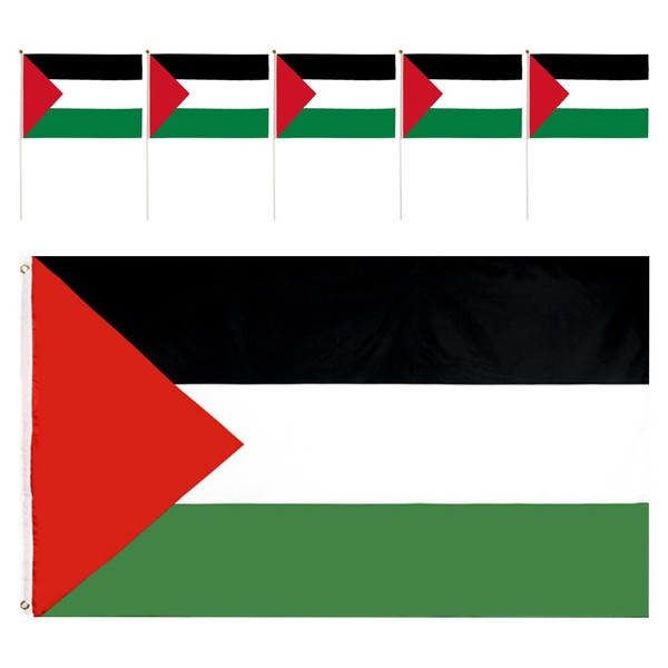 1 Palestinian Flag (90 x 150 cm), 5 Hand Waving Palestinian Flags (14 x 21 cm), Palestinian Memorial Banner for Sports, Celebrations, Events