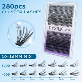 DYSILK Eyelash Clusters Wispy - D Curl Lash Clusters Fluffy Lashes 280pcs DIY Lash Extension Individual Lashes 10-16mm Eyelash Clusters Thin Band & Soft Lashes (30D+40D-D Curl-10-16mm Mix)