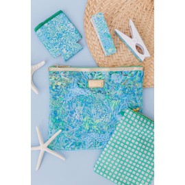 Lilly Pulitzer Water Resistant Vinyl Beach Day Pouch, Zipper Bag Includes Drink Hugger, Small Pouch, and Towel Clips (Dandy Lions)