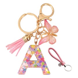 NyxSeat 1 Piece Resin Letter A Keychain with 1 Piece Pink Braided Leather Cord Keychain, Butterfly Tassel Keychain, Heart Glitter Keychain, pink