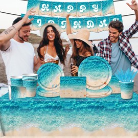 Beach Party Supplies, 142Pcs Ocean Waves Birthday Party Supplies Tableware Set Summer Pool Party Decorations Plates,Cups,Napkins,Banner,Tablecloth for Hawaiian Party Birthday Decorations | CMUSKO