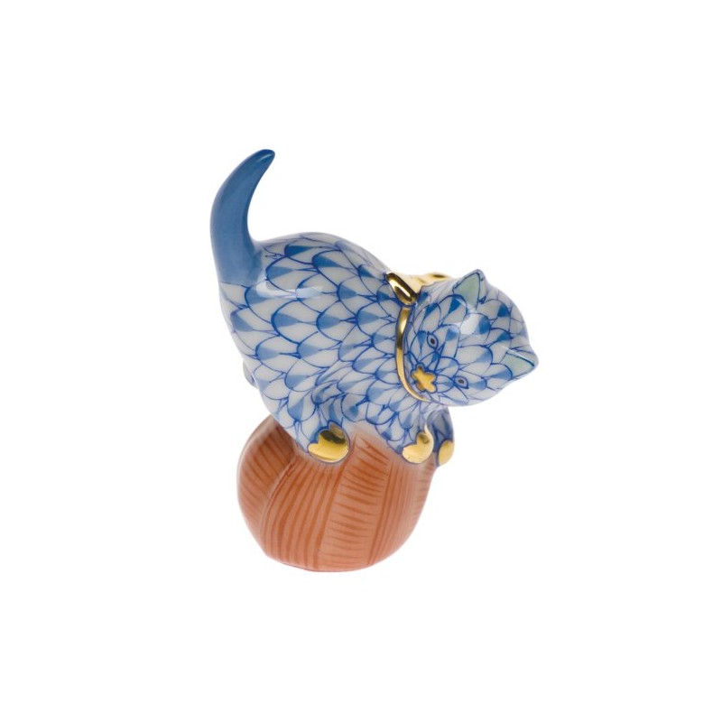 Herend Mischievous Cat Figurine Blue Fishnet