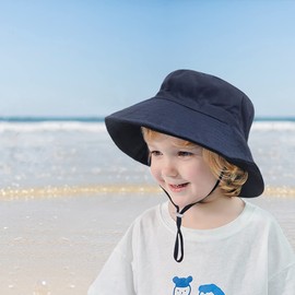PythJooh Baby Sun Hat Toddler Girl Boy Summer Outdoor UPF 50+ Bucket Sun Hat Beach Pool Wide Brim Adjustable Strap Hats for 0-6Years Navy