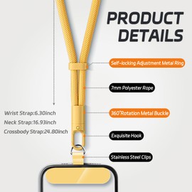 KITANIS 3 Pack Phone Lanyard,1×Phone crossbody strap,1×Phone Neck Strap,1×Wrist Strap,3×Tether Tabs,Universal Cell Phone Multifuctional Patch Polyester Lanyards(Yellow)