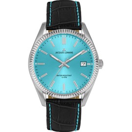 JACQUES LEMANS Women's Watch 'Anniversary Collection 50 Years' Derby 34 mm 10 ATM Date with Leather Strap 50-4 in Various Designs, Silver / turquoise, Strap.