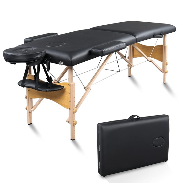 Alightup Professional Folding Wooden Massage Table, 2 Sections Portable Ergonomic Massage Bed, Black