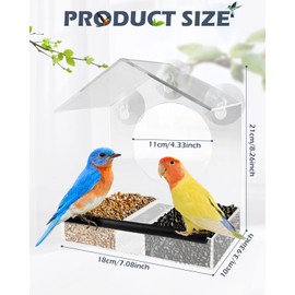 E-SMARTER Window Bird Feeder, 18x10x21cm Sturdy With Strong Suction Cups, Wet and Dry Transparent With 3 Compartments, Perfect for Bird Lovers of Any Age