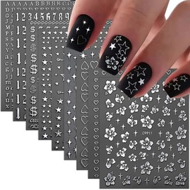 Star Letters Heart Flower Nail Art Stickers Nail Decals 3D Self-Adhesive Silver Star Letters Heart Flower Nail Art Design Sticker for Women Girls Nail Decoration Accessories Kit 12 Sheets