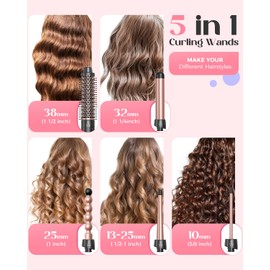 Lopeie 5 in 1 Wand Curling Iron Set, Hair Styling Tools with Thermal Brush and 4 Interchangeable Ceramic Barrels from 1/2 to 1 1/2 inch, Fast Heating, Dual Voltage Hair Curler, Gifts for Women