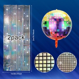 ZMDMAH Pack of 2 Glitter Curtain Metallic Glitter Curtain 1 m x 2 m and 4D Disco Ball Silver Tinsel Curtains Disco Decoration Party Glitter Tablecloth Tinsel Curtain Silver Party 80s Party Decoration