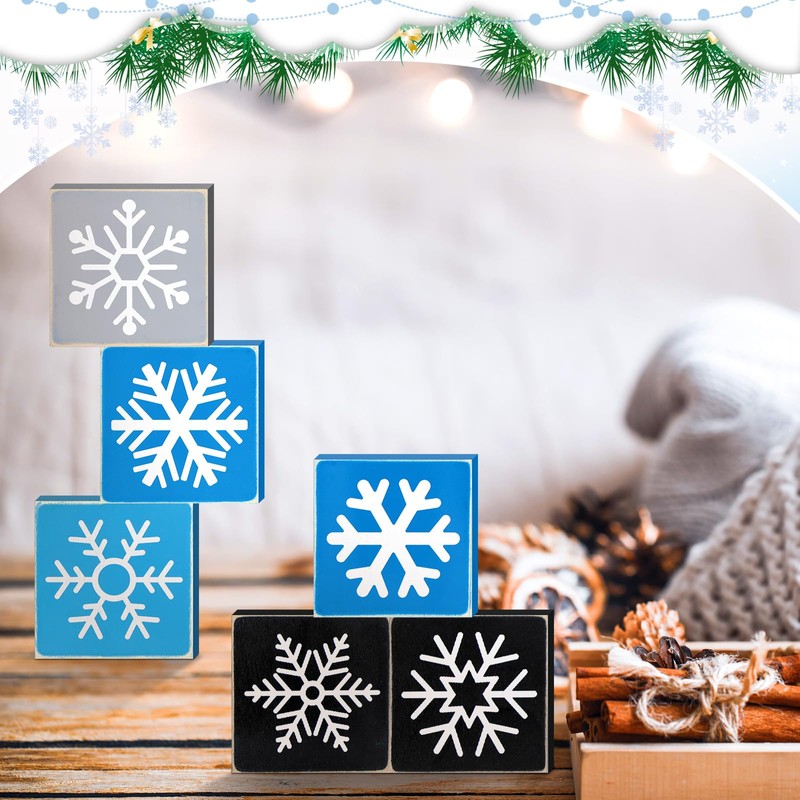 8 Pcs Snowflake Wooden Signs Winter Tiered Tray Decor Christmas