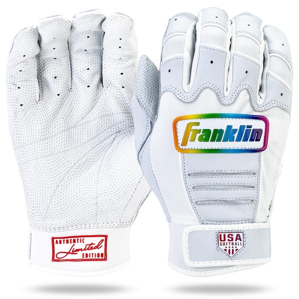 Franklin Sports Women's Fastpitch Softball Batting Gloves - Aura CFX Pro FP Women's Batting Gloves for Softball + Baseball - White + Multicolor Chrome Batting Gloves - Women's Large
