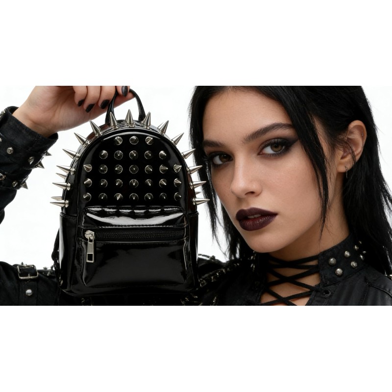 Spiked Studded Backpack, Black Patent Leather, Punk Rock Style, Front
