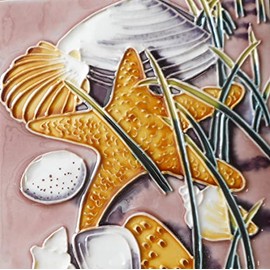 Shell hand painted ceramic art tile 6x6 inches with easel back