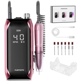 PURTATO Professional Nail Drill 40,000 RPM, Rechargeable,LCD Display E File Machine for Acrylic Nails Gel Polishing Removing Portable Nails Efile Tools for Manicure Salon & Home (Pink)