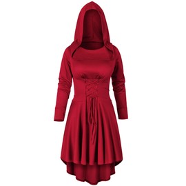 Irtysh Womens Base Vintage High Low Pullover Medieval Hooded Robe Cloak Dress Costumes Cosplay Net Leggings Set(Red 2XL)