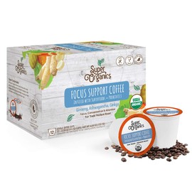 Super Organics Focus Support Fair Trade Coffee Brew Cups With Superfoods & Probiotics, Keurig K-Cup Compatible, Adaptogens, Medium Roast, USDA Certified, Vegan, Non-GMO, 12 Count