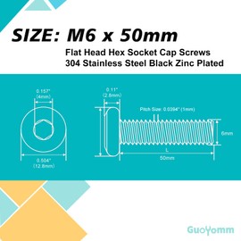 GuoYomm M6 x 50mm 20Pcs Flat Head Hex Socket Cap Screws, 304 Stainless Steel 18-8, Black Zinc Plated, Connection Furniture Bolts, Full Thread